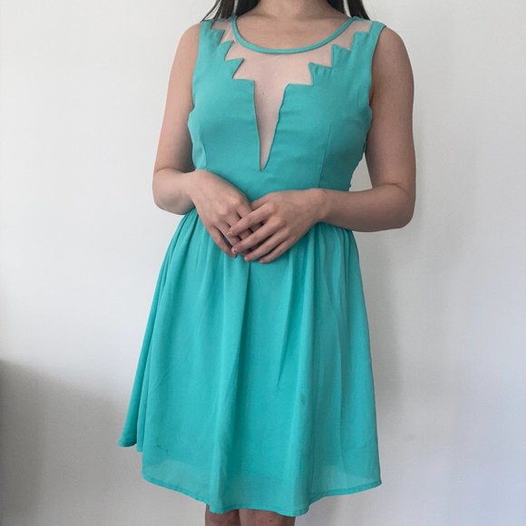 Formal Turquoise Dress with Mesh Front for Prom/Graduation/Weddings - Picture 2 of 5